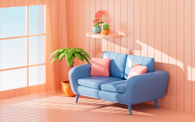Cartoon-Sofa und Wand im minimalistischen und komfortablen Stil 3D-Rendering
