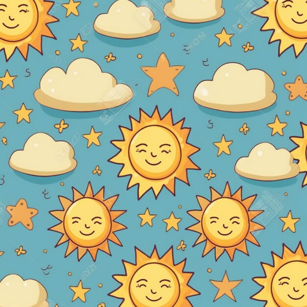 Cartoon-Sonne und Wolken mit Sternen auf blauem Hintergrund, generative KI