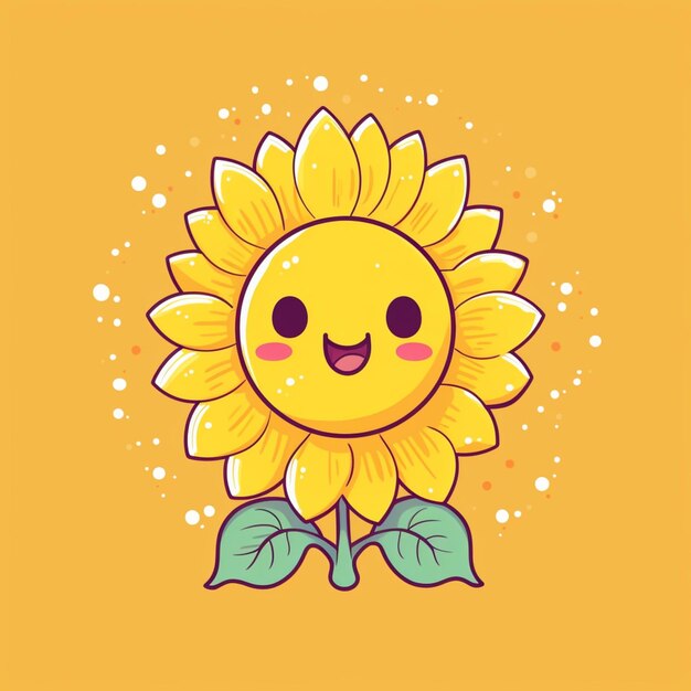 Cartoon Sonnenblume mit einem glücklichen Gesicht und grünen Blättern generative ai