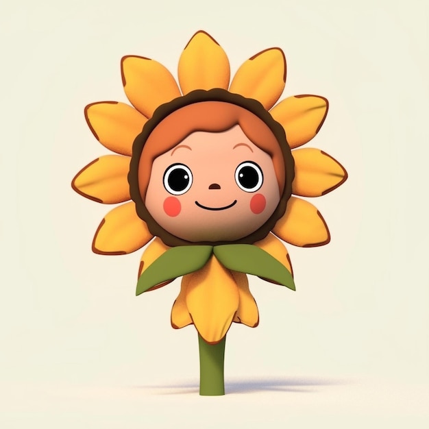 Cartoon-Sonnenblume mit Gesicht und grünem Stamm, generative KI