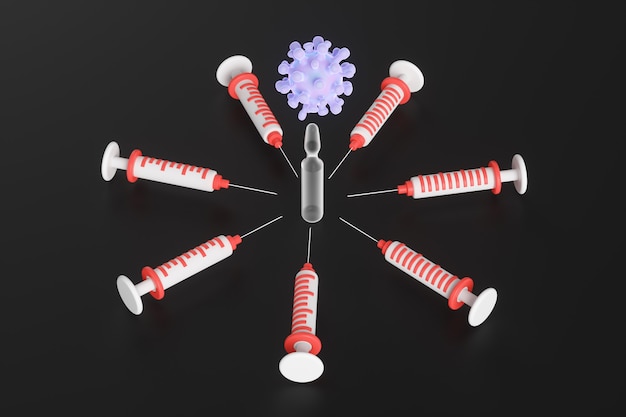 Cartoon-Spritzen um eine Glasampulle mit Coronavirus-Impfstoff. Konzept der Coronavirus-Impfung. 3D-Darstellung.
