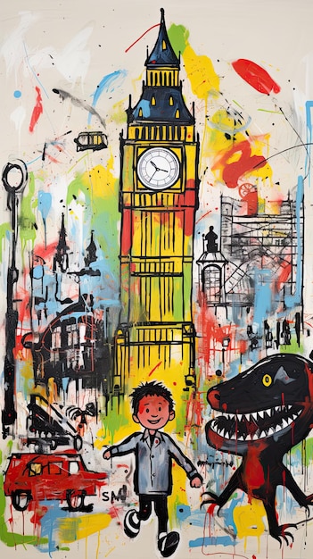 Cartoon-Stadt London mit Dinosauriern für Kinder039 im Stil von Jean Michel Basquiat
