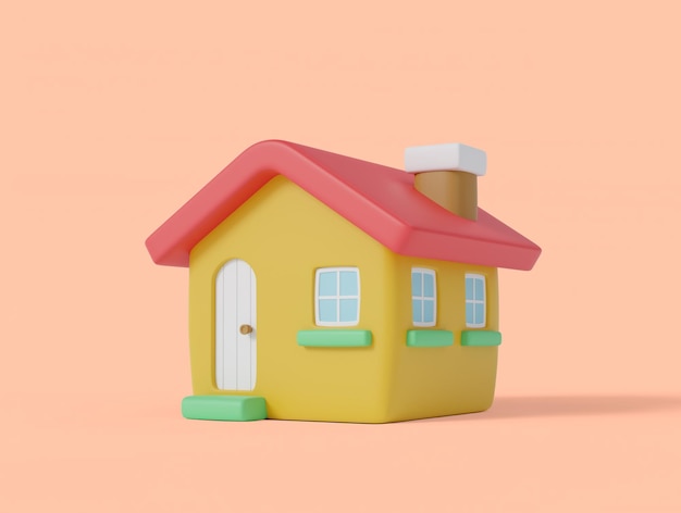 Cartoon-Stil farbenfrohes süßes gelbes Haus wie Spielzeug isoliert auf pastellfarbenem Hintergrund 3D-Rendering