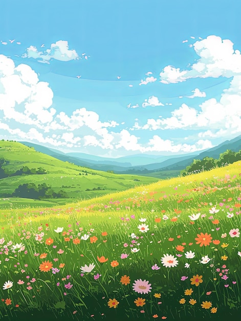 Cartoon-Stil Hügel mit bunten Blumen und Himmel