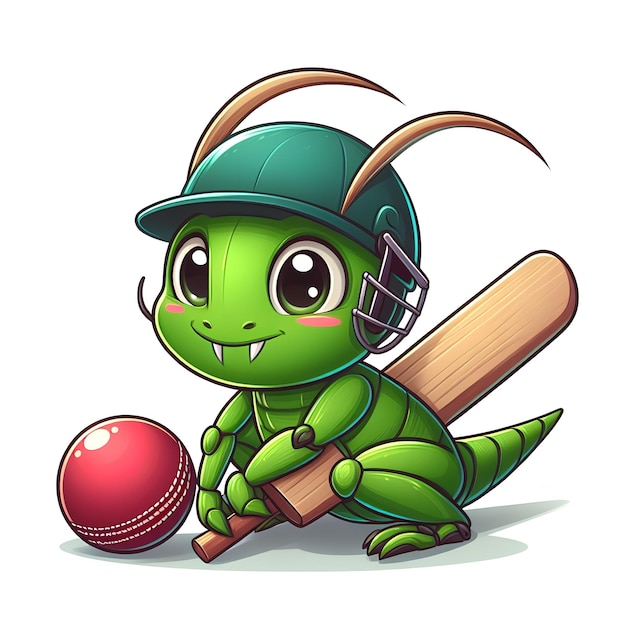 Cartoon-Stil von Green Cricket mit lustigem Hut, der Baseball spielt, isolierter weißer Hintergrund