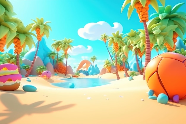 Cartoon-Strand mit blauer Himmel-Illustration im 3D-Stil