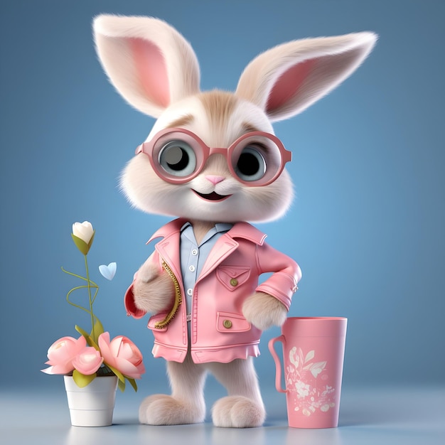 Foto cartoon süßes kaninchen trägt süßes outfit auf einer party 3d-rendering generative ki-illustration