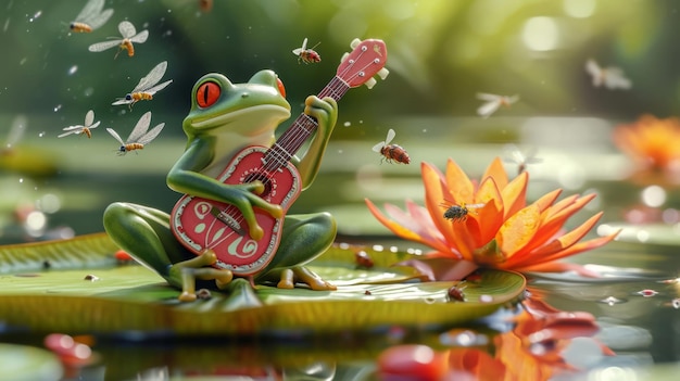 Cartoon-Szene eines Frosches auf einem Lilienblatt, der auf einer winzigen Gitarre rockt, umgeben von bewundernden Fans, die