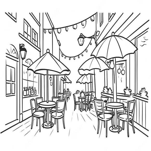 Foto cartoon-szene eines outdoor-coffee-shops mit tischen