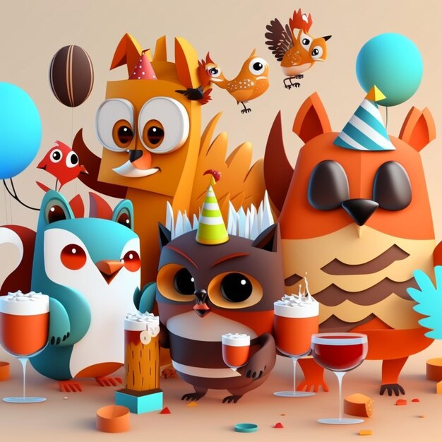 Cartoon-Tiere mit Partyhüten und Luftballons und Getränken generative KI