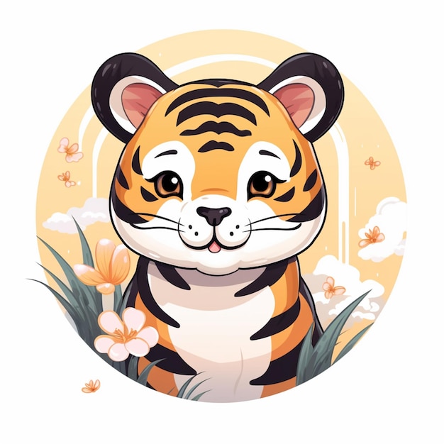 Cartoon-Tiger sitzt im Gras mit Blumen und Schmetterlingen, generative KI