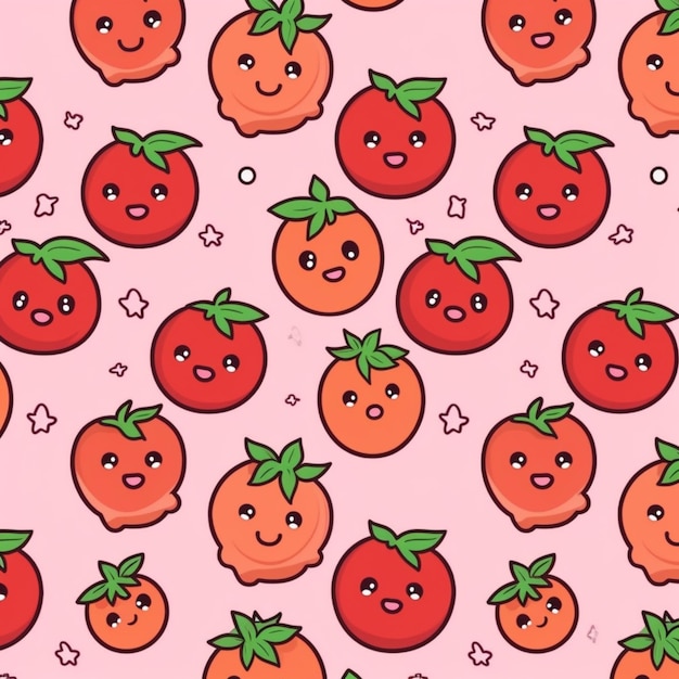 Cartoon-Tomatenmuster mit Sternen und Sternen auf rosa Hintergrund, generative KI