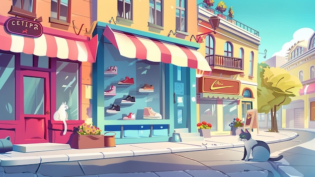 Cartoon vetorial bonito esquina de rua da cidade com edifícios coloridos e um semáforo sorridente
