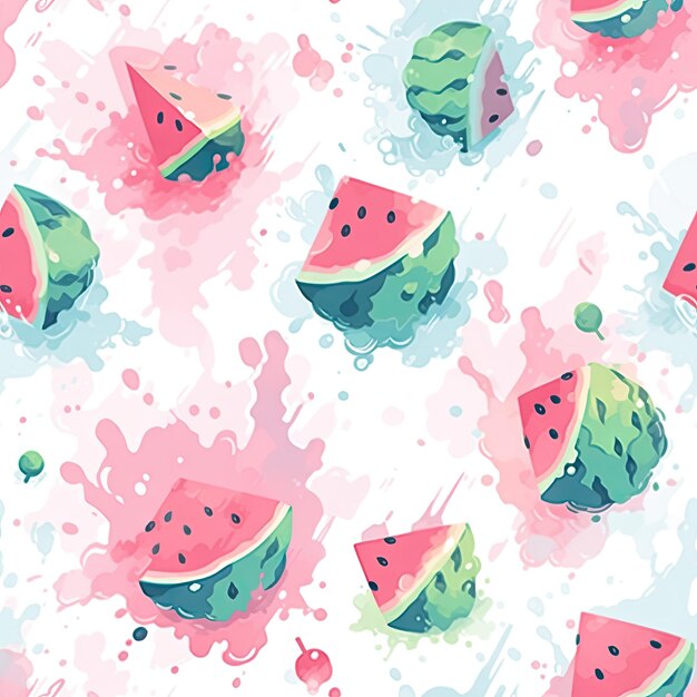 Foto cartoon-wassermelonenmuster in grünen und rosa farben, farbspritzer