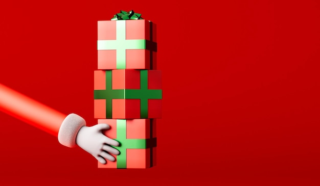 Cartoon Weihnachtsmann kurviger Arm hält eine Geschenkbox festliches Geschenk 3D-Rendering