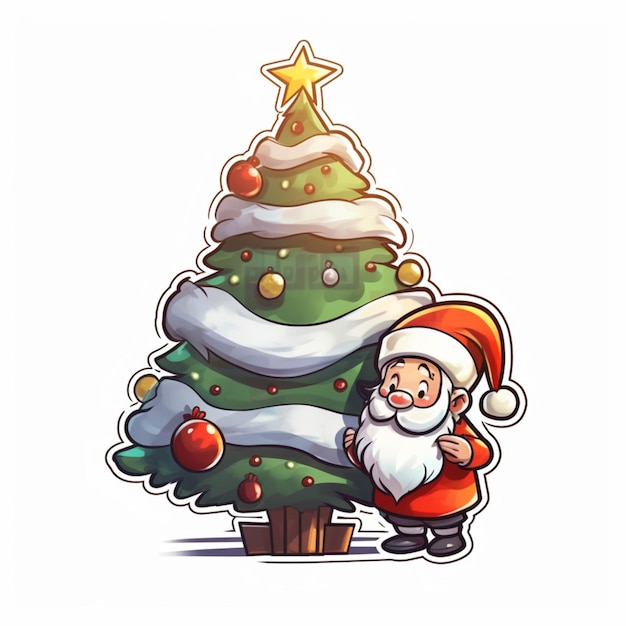 Cartoon-Weihnachtsmann steht neben einem Weihnachtsbaum mit einem Stern an der Spitze, generative KI