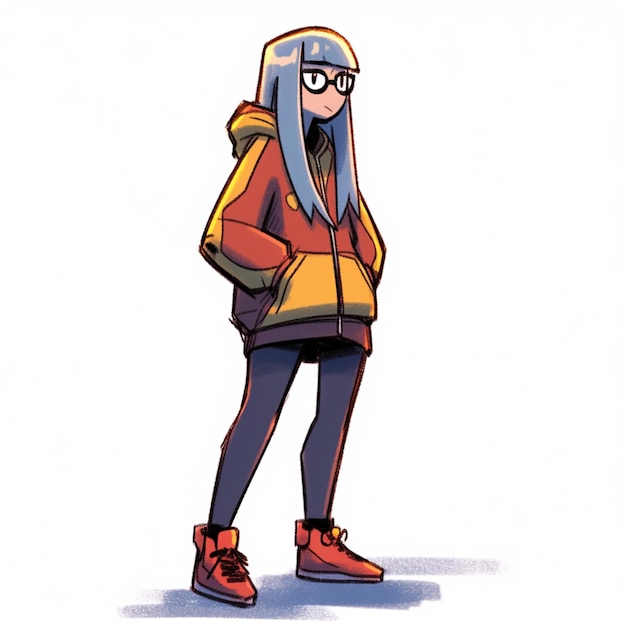 Cartoon-Zeichnung einer Frau mit Brille und Rucksack, generative KI