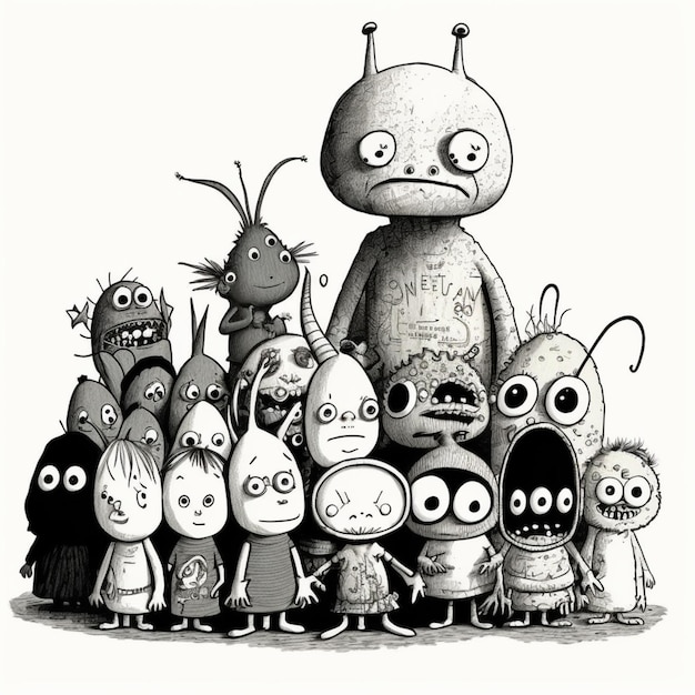 Cartoon-Zeichnung einer Gruppe von Menschen mit einem Robot in der Mitte generative ai