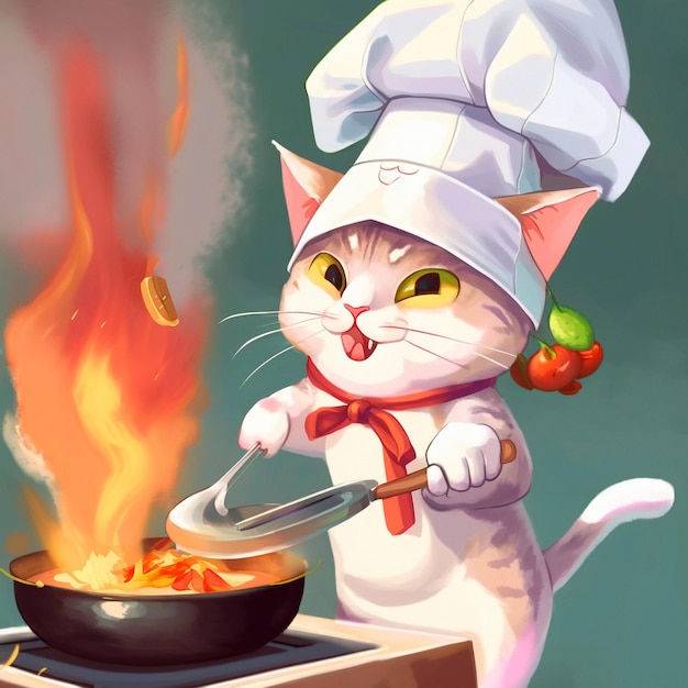 Cartoonbild einer cook39s-Katze in einem chef39s-Hut, die etwas im Küchen-Cartoon kocht