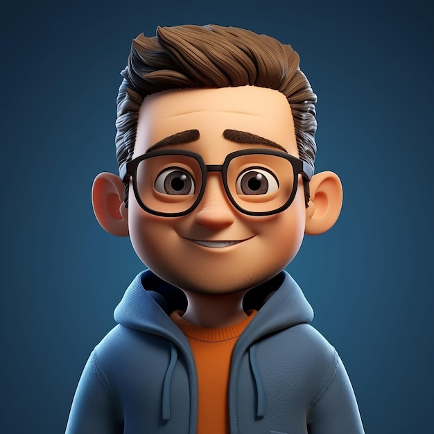 Foto cartoonish 3d animation boy en gafas con capucha azul y camisa naranja