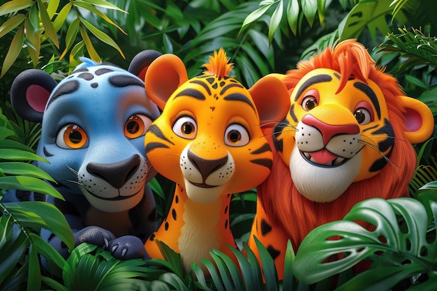 Cartoons bonitos Animais selvagens na selva em close-up extremo IA generativa