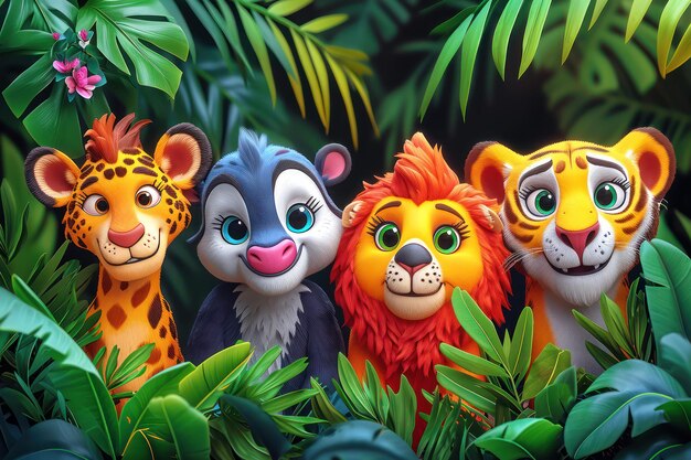 Foto cartoons bonitos animais selvagens na selva em close-up extremo ia generativa