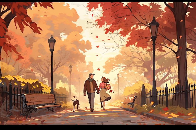Cartoons românticos de outono A cena de outono caprichosa de um casal apaixonado
