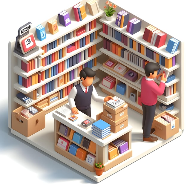 Cartoonstyle 3D Flat Icon Propietario de una librería que organiza los libros en los estantes que hace hincapié en la gestión del inventario