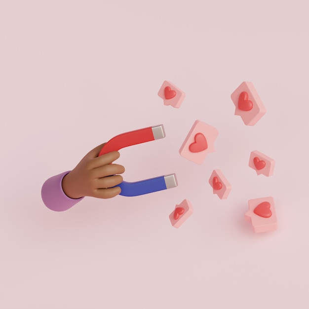 Cartton-Hand, die einen Magneten hält, der Social-Media-Likes anzieht, 3D-Darstellung