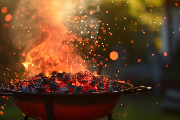 Carvão ardente e chamas no churrasco