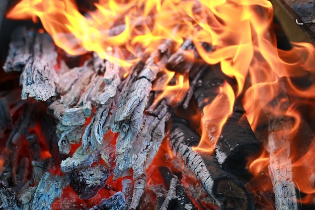 Carvão e chama de fogo