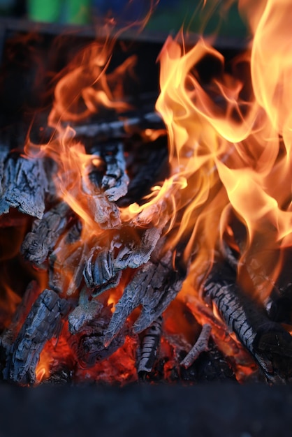 Carvão e chama de fogo