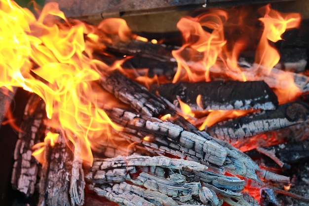 Carvão e chama de fogo