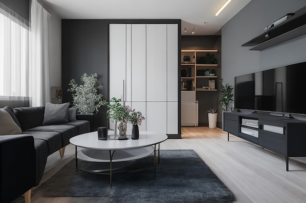 Carvão e cor branca Design interior moderno de sala de estar Se inspirar para a sua sala de estar