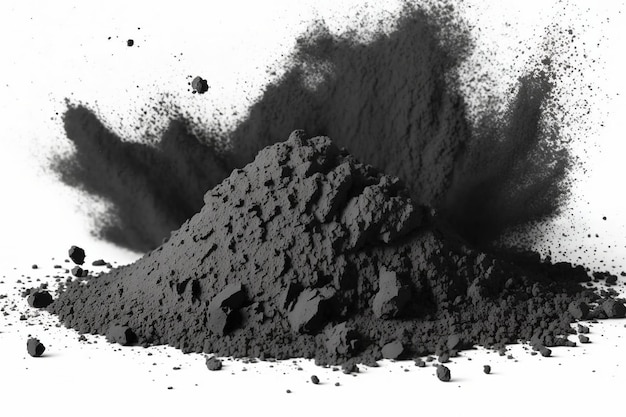 Carvão em pó Pó de carvão preto espalhado isolado em um fundo branco carvão a lenha