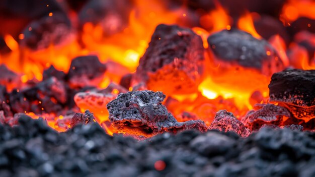 Carvões a arder em close-up A textura do fogo