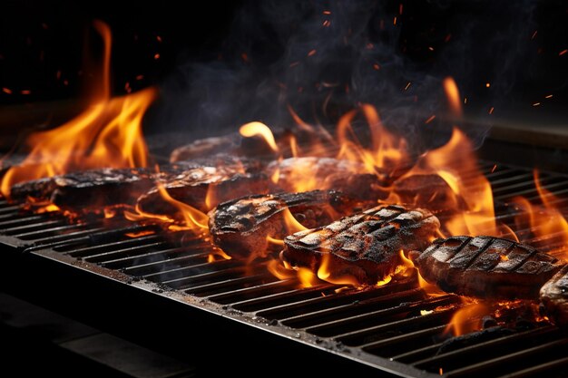 Carvões quentes em bandeja de churrasco em fundo preto com faíscas e fumaça branca