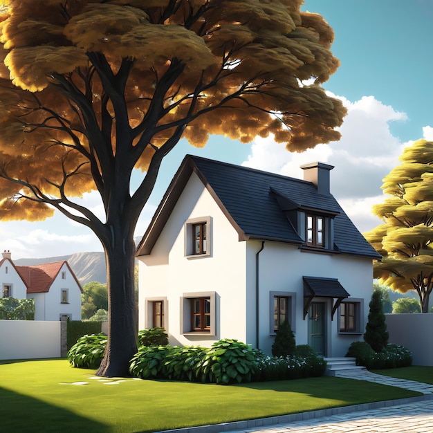 Una casa en 3D con un árbol en el fondo al amanecer