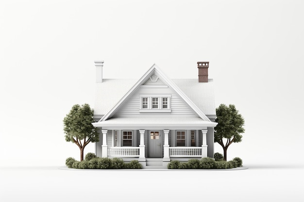 Casa 3d con chimenea y hierba sobre un fondo blanco