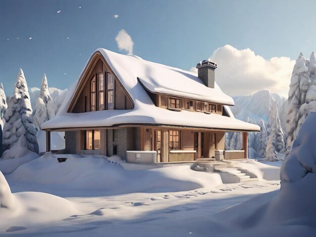 Foto casa 3d cubierta de nieve