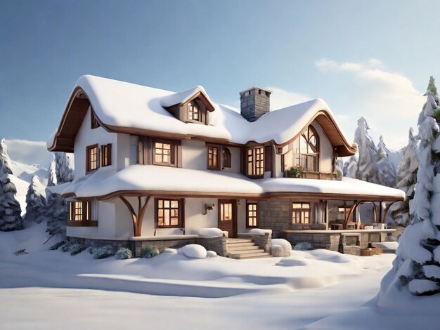 Casa 3D cubierta de nieve