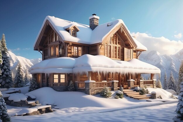 Foto casa 3d cubierta de nieve