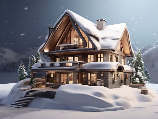 Foto casa 3d cubierta de nieve