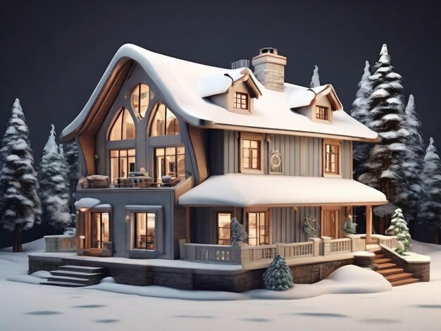 Casa 3D cubierta de nieve