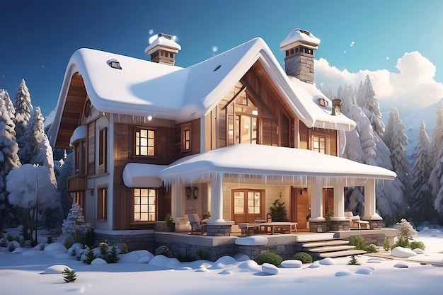 Casa 3D cubierta de nieve