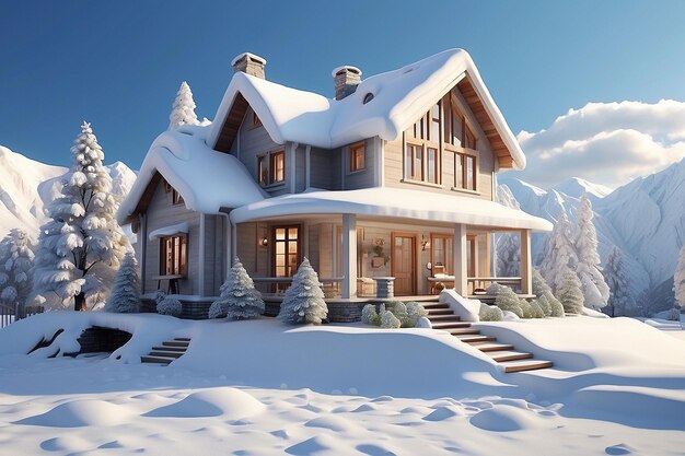 Foto casa 3d cubierta de nieve