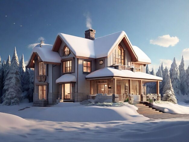 Casa 3D cubierta de nieve