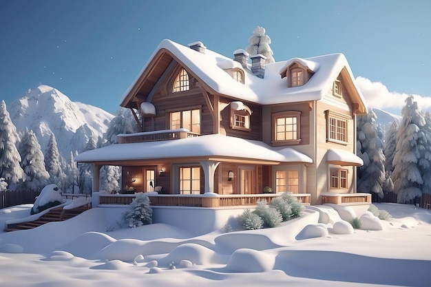 Casa 3D cubierta de nieve