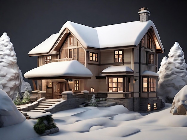 Foto casa 3d cubierta de nieve