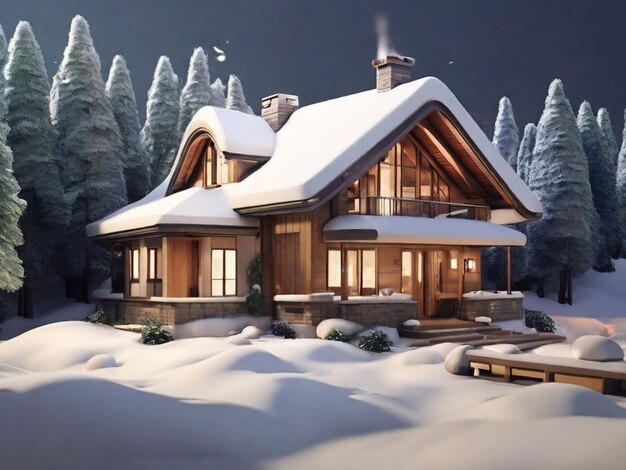 Foto casa 3d cubierta de nieve